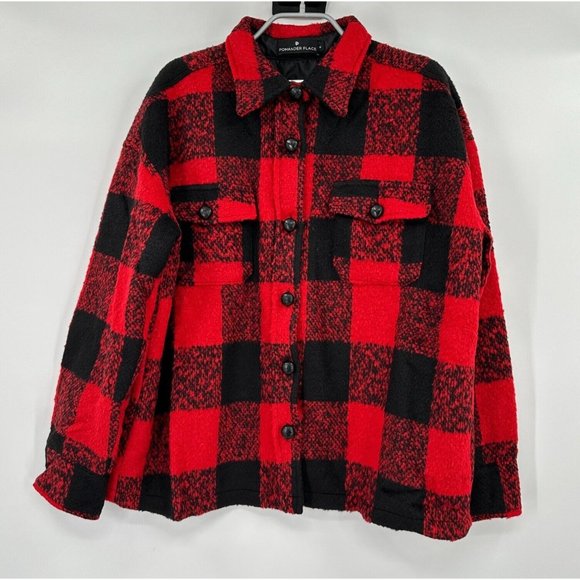 Pomander Place Tuckernuck Austen Shirt Jacket Red Buffalo Check Wool Shacket M - Picture 1 of 7